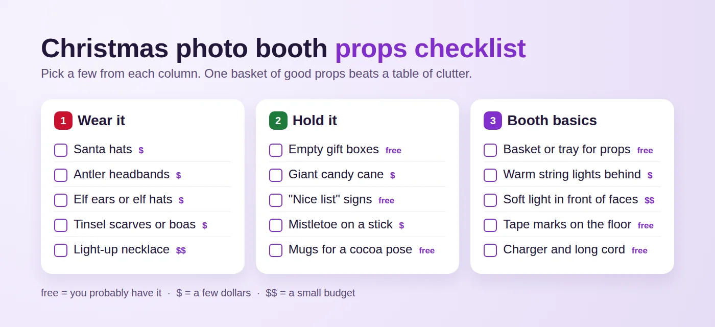 Christmas photo booth props checklist with wear it, hold it, and booth basics columns