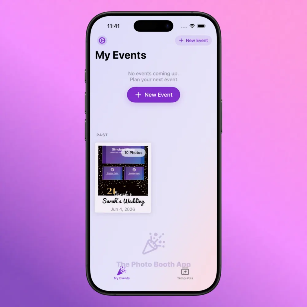 Step 4: My Events screen with a past wedding event and a new event button Step 4: My Events screen with a past wedding event and a new event button