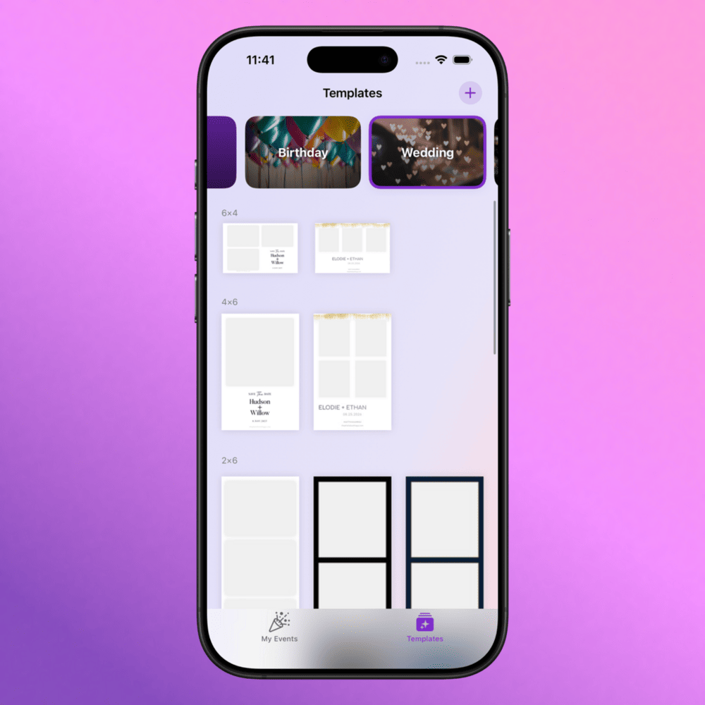 Step 6: Templates screen with birthday and wedding template categories