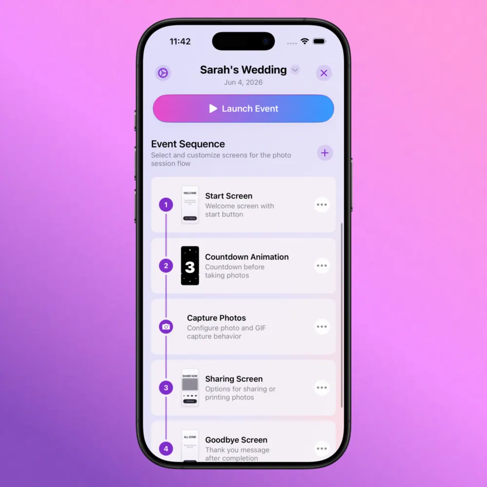Step 7: Event sequence with start screen, countdown animation, capture photos, sharing, and goodbye Step 7: Event sequence with start screen, countdown animation, capture photos, sharing, and goodbye