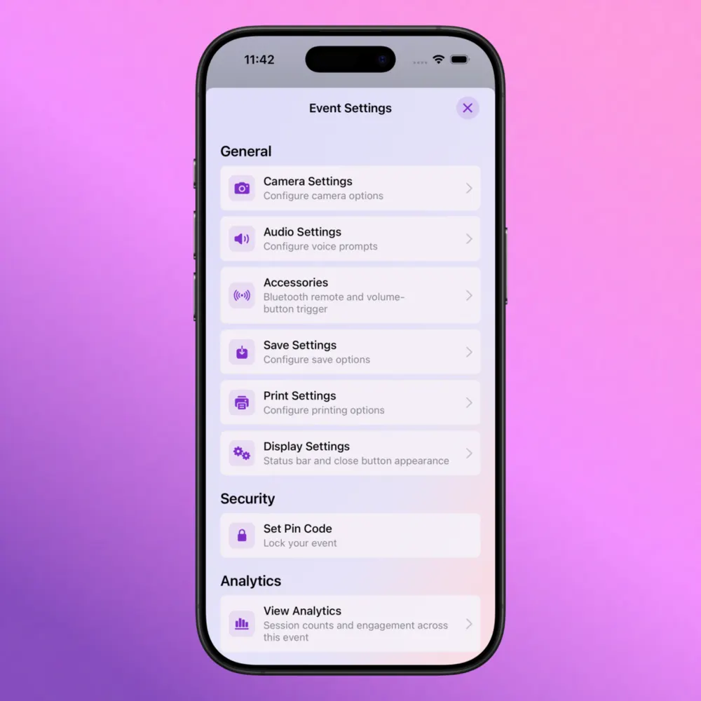 Step 10: Event settings screen with camera, audio, accessories, save, print, and display settings Step 10: Event settings screen with camera, audio, accessories, save, print, and display settings