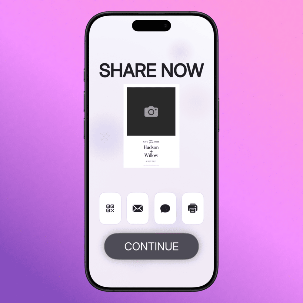 Step 15: Share Now screen with QR, email, message, and print buttons