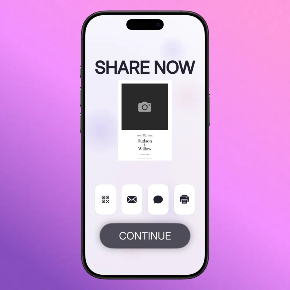 Step 15: Share Now screen with QR, email, message, and print buttons Step 15: Share Now screen with QR, email, message, and print buttons
