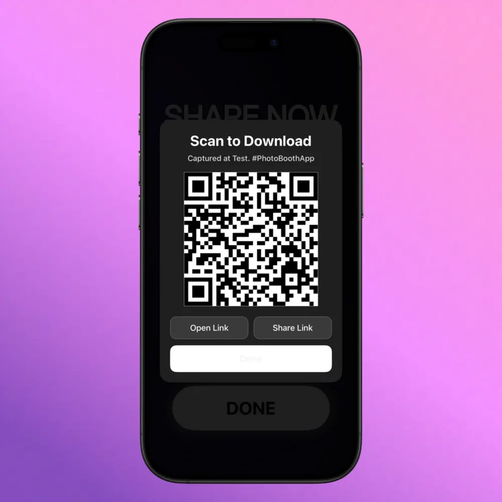 Step 16: QR code download modal shown over a share screen Step 16: QR code download modal shown over a share screen