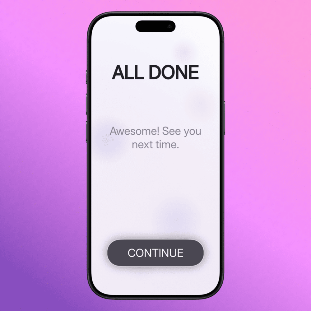 Step 17: All Done screen with a continue button