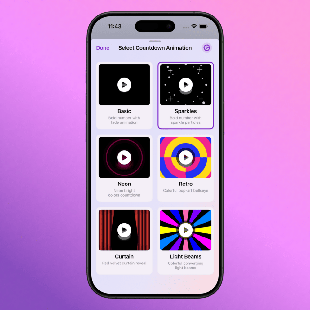 Step 19: Select Countdown Animation screen with basic, sparkles, neon, retro, curtain, and light beams options