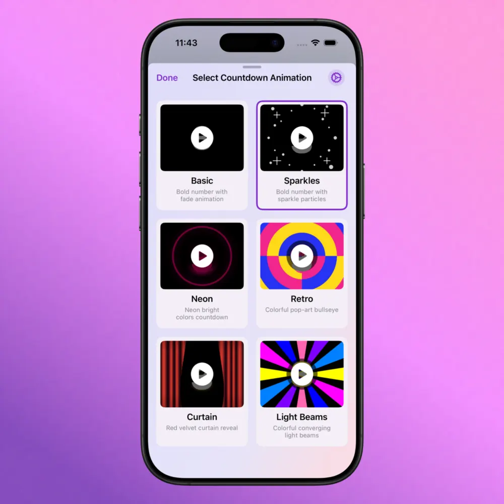 Step 19: Select Countdown Animation screen with basic, sparkles, neon, retro, curtain, and light beams options Step 19: Select Countdown Animation screen with basic, sparkles, neon, retro, curtain, and light beams options