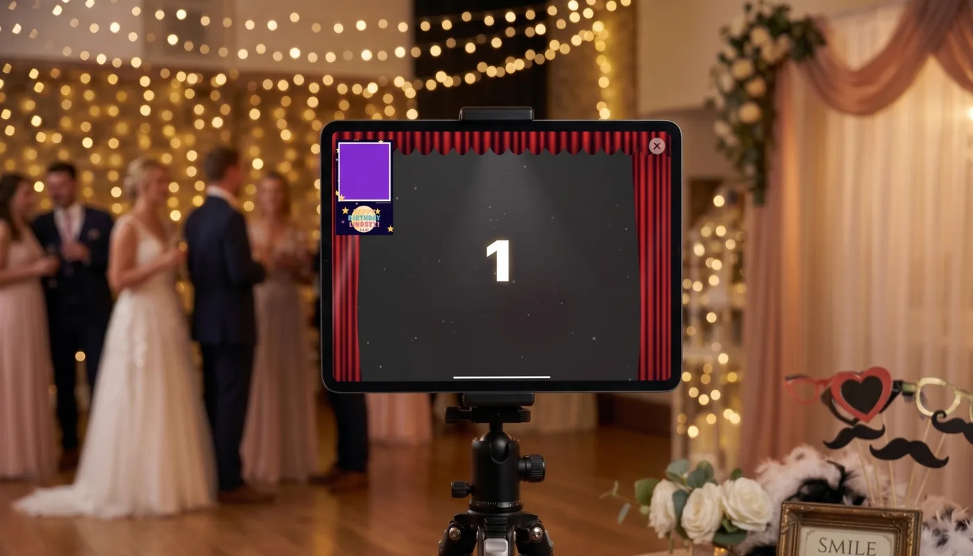 iPad photo booth placement checklist showing a clean event setup for guests