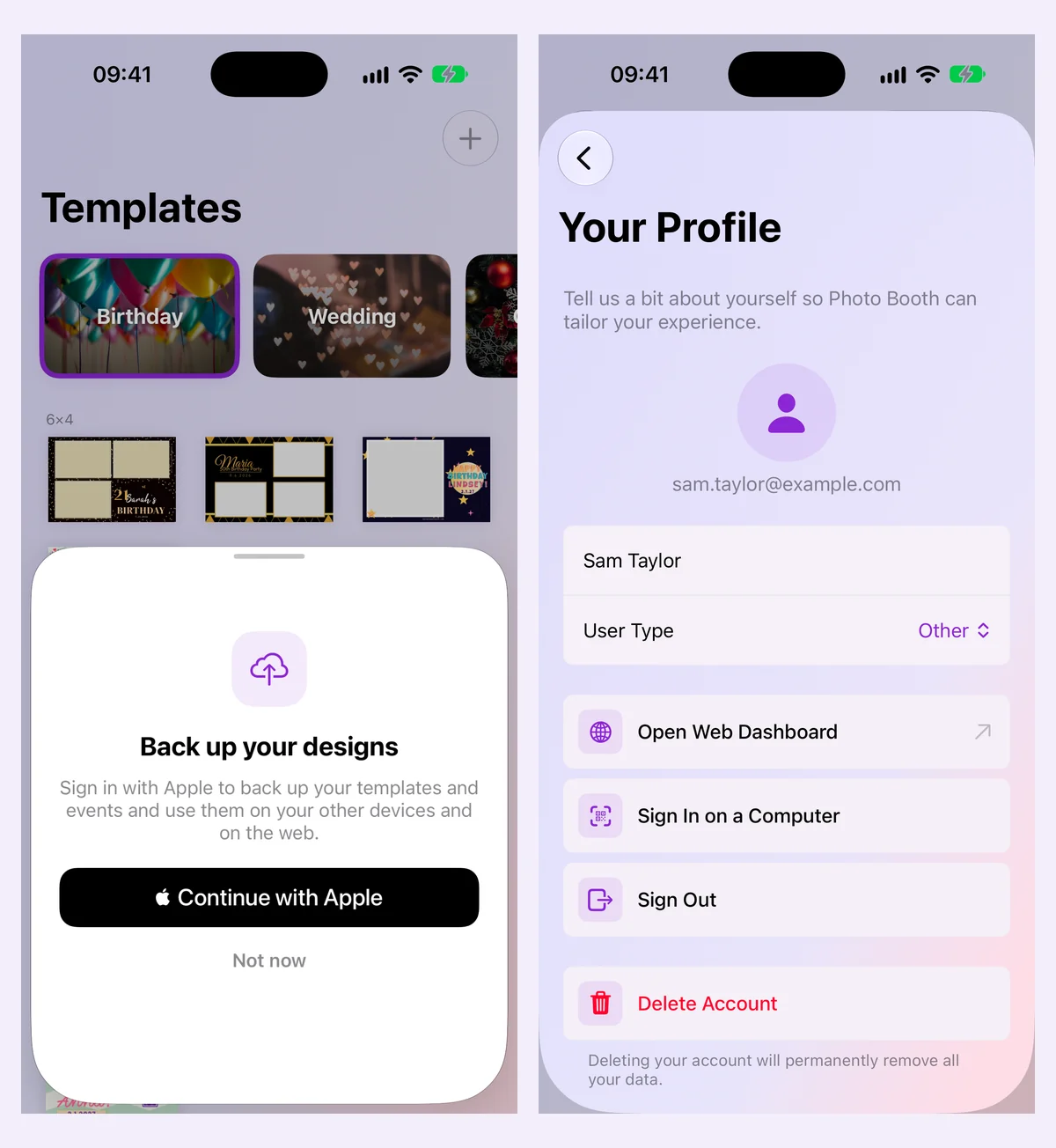 The Sign in with Apple backup prompt and Your Profile with web dashboard access The Sign in with Apple backup prompt and Your Profile with web dashboard access