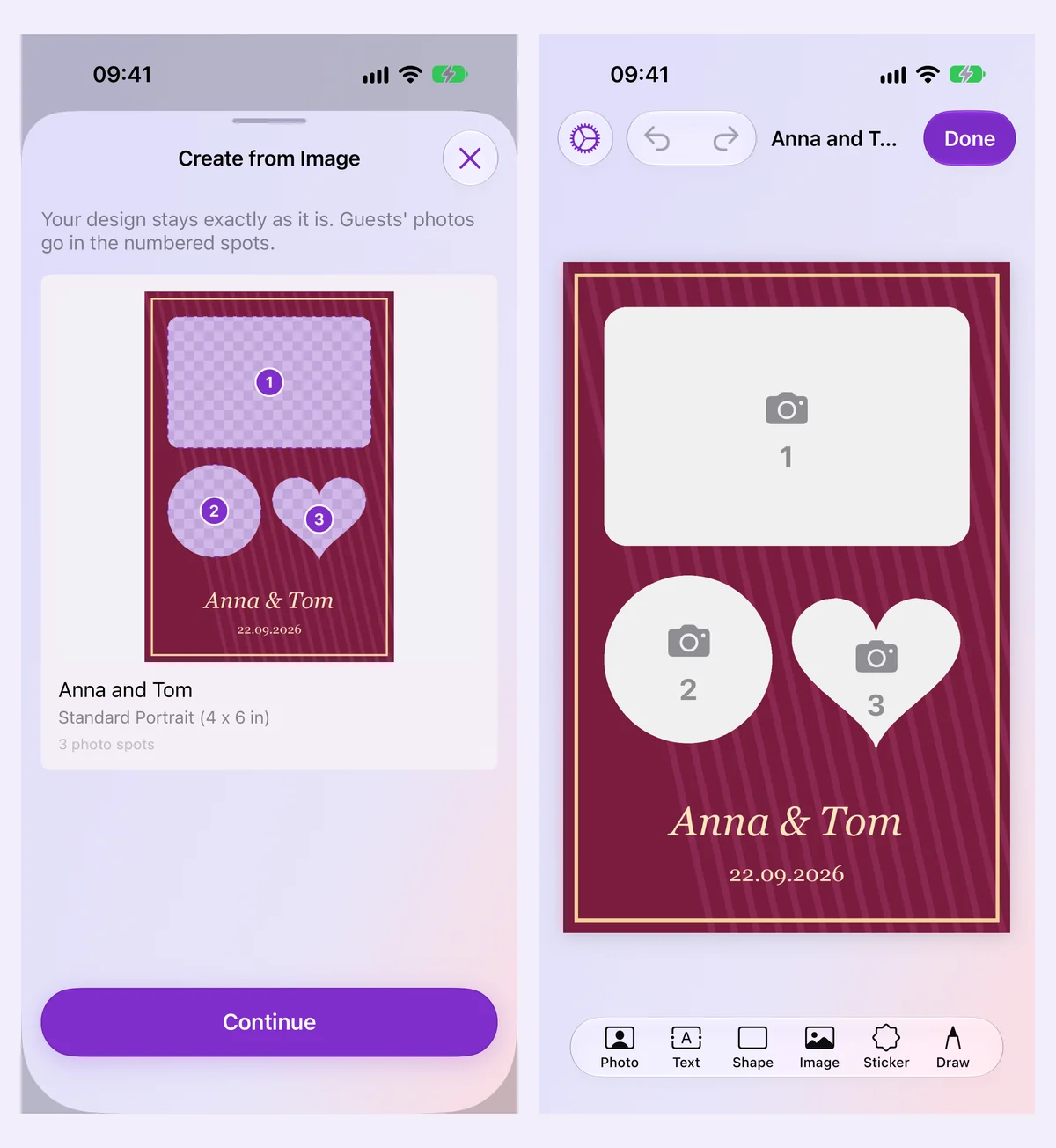An imported wedding design with numbered photo spots, followed by the same design in the template editor An imported wedding design with numbered photo spots, followed by the same design in the template editor