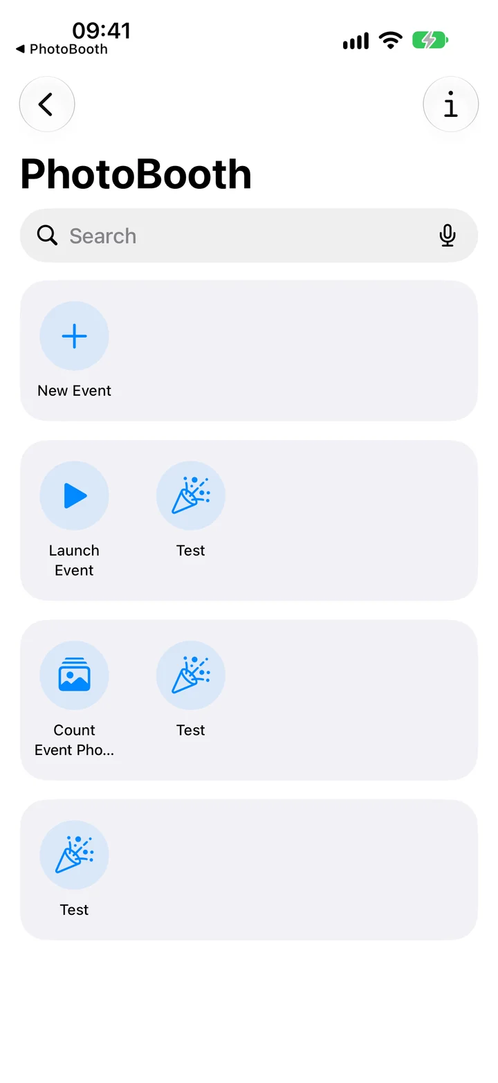 PhotoBooth actions in the Shortcuts app, including New Event, Launch Event and Count Event Photos PhotoBooth actions in the Shortcuts app, including New Event, Launch Event and Count Event Photos
