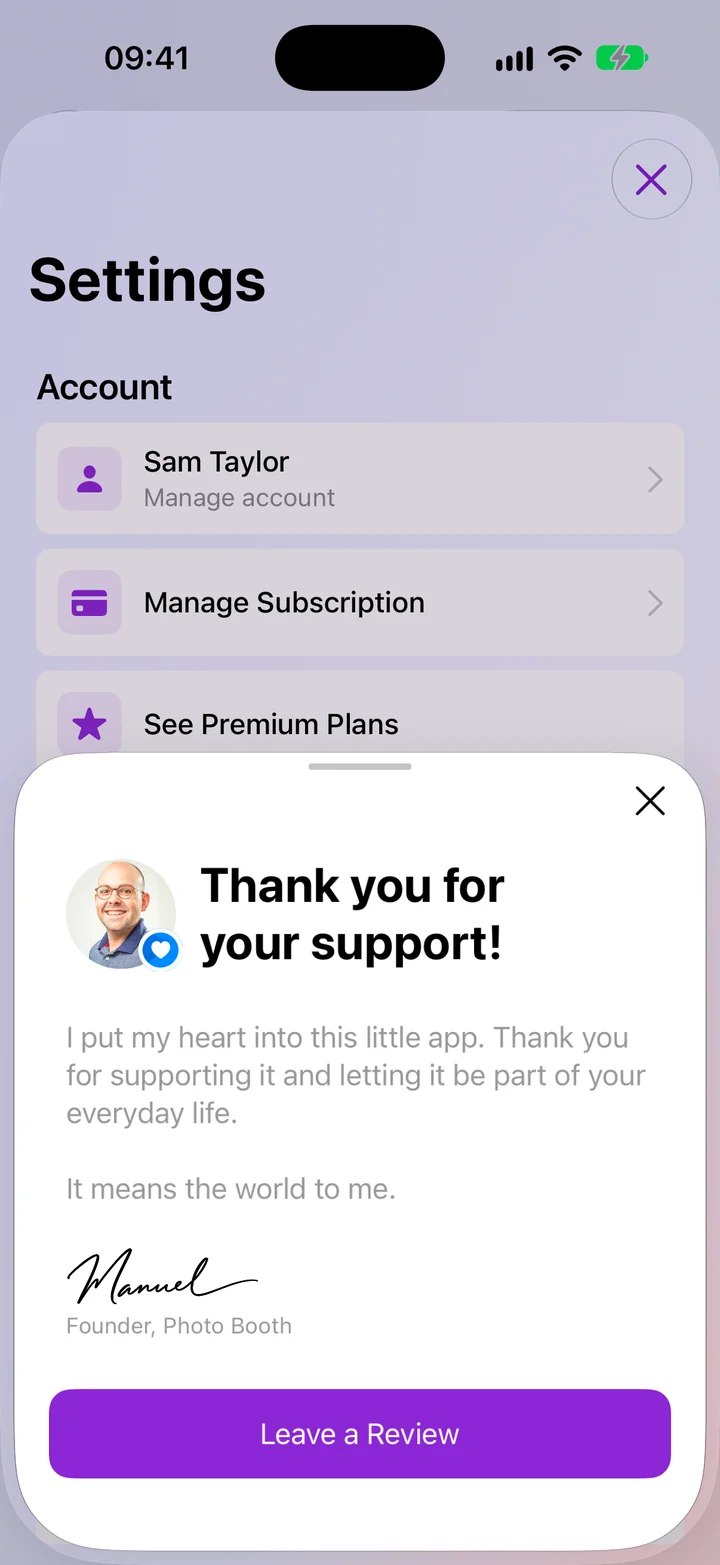 The personal thank-you note for Premium subscribers, signed by Manuel, with a Leave a Review button The personal thank-you note for Premium subscribers, signed by Manuel, with a Leave a Review button