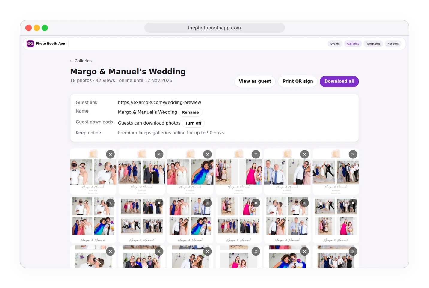 Margo and Manuel’s wedding gallery open in a browser window, with its guest link, download settings and wedding prints
