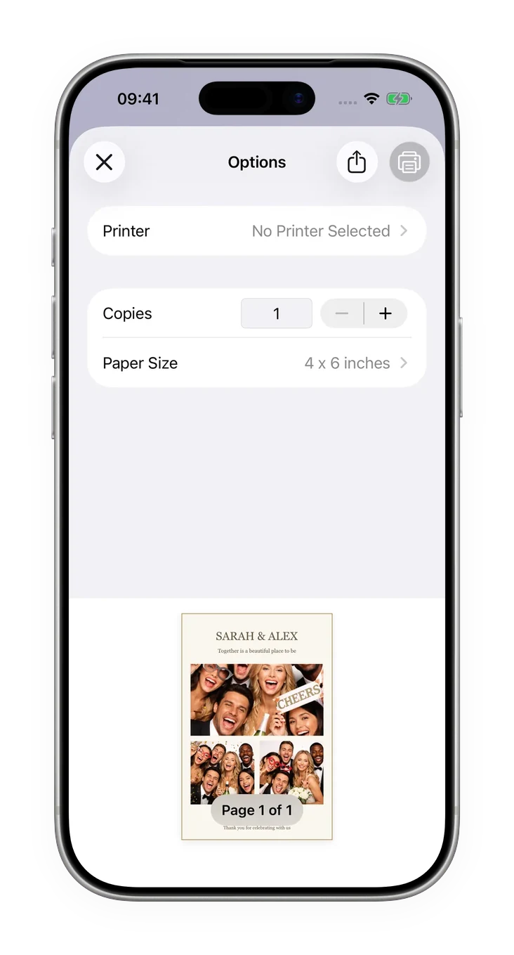 The print options on iPhone: printer, copies and 4 × 6 paper size, above a preview of the wedding print