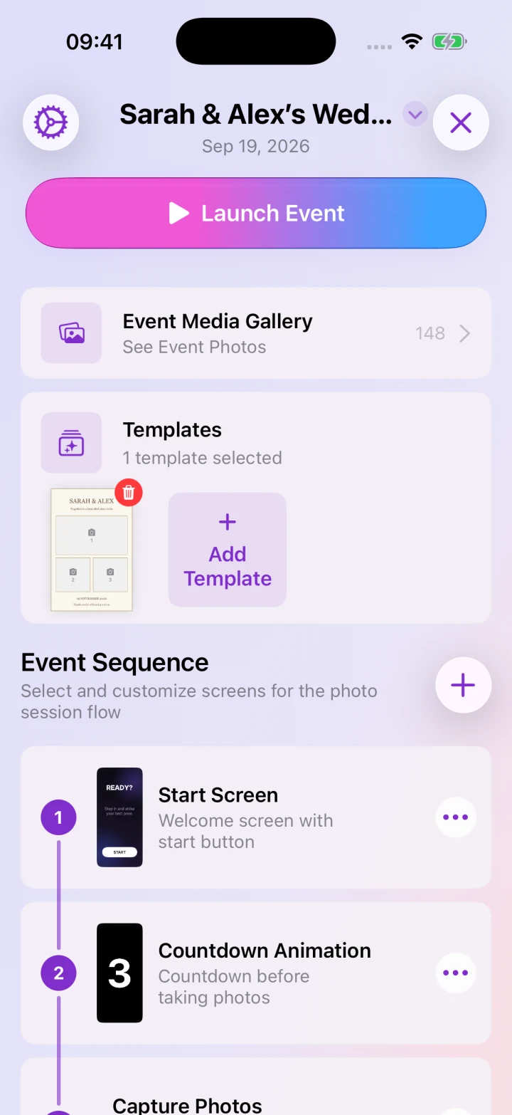 Sample events and a wedding event overview.