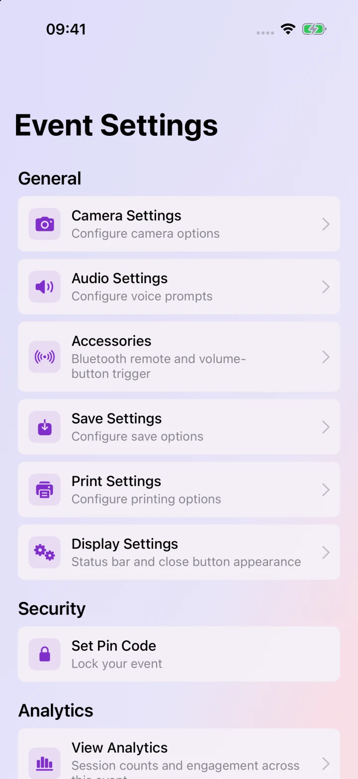 Launch checklist and event settings. No printer is connected in this demo.