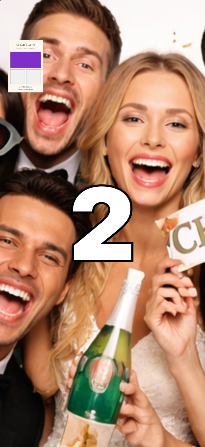 Countdown and sharing screens, shown with sample photos.