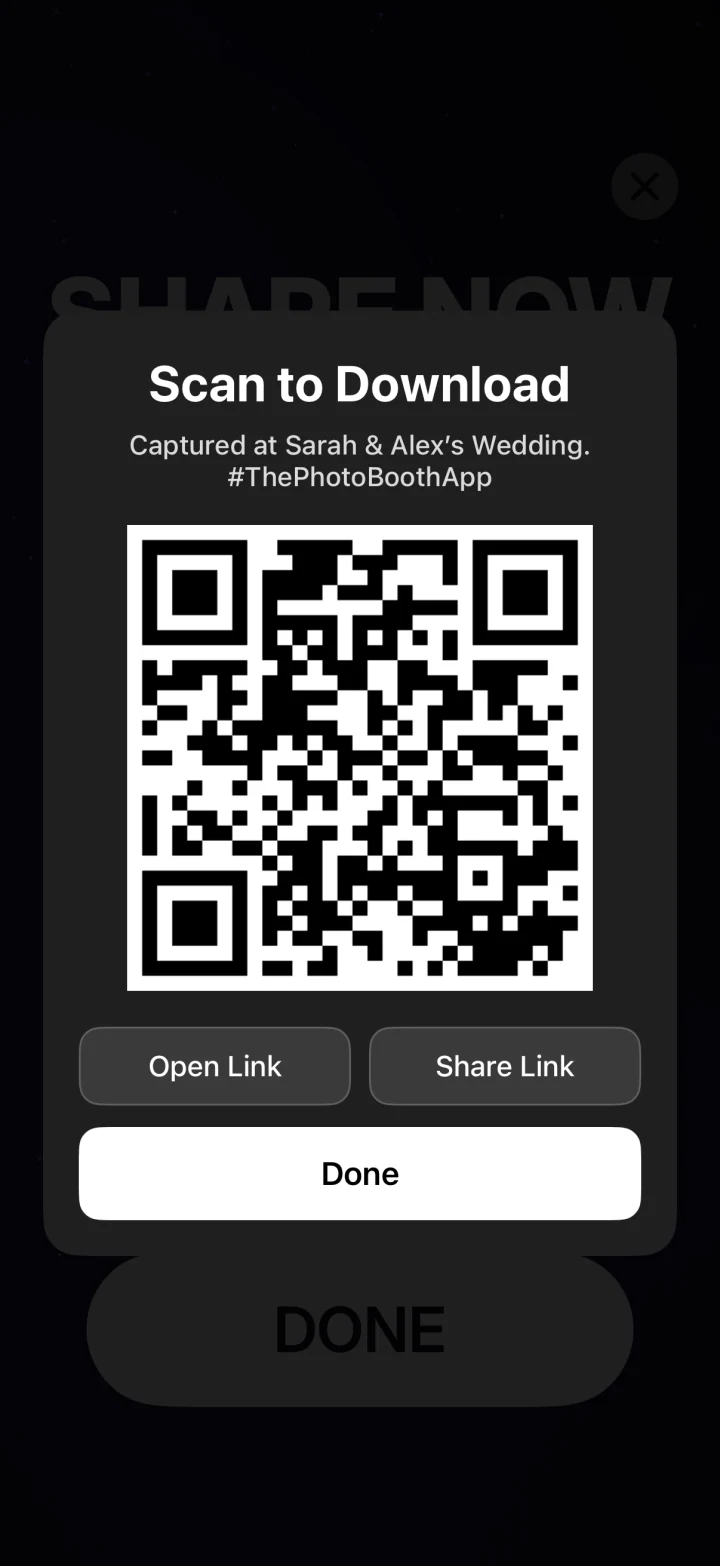 Sharing choices and the QR download screen with an example link.