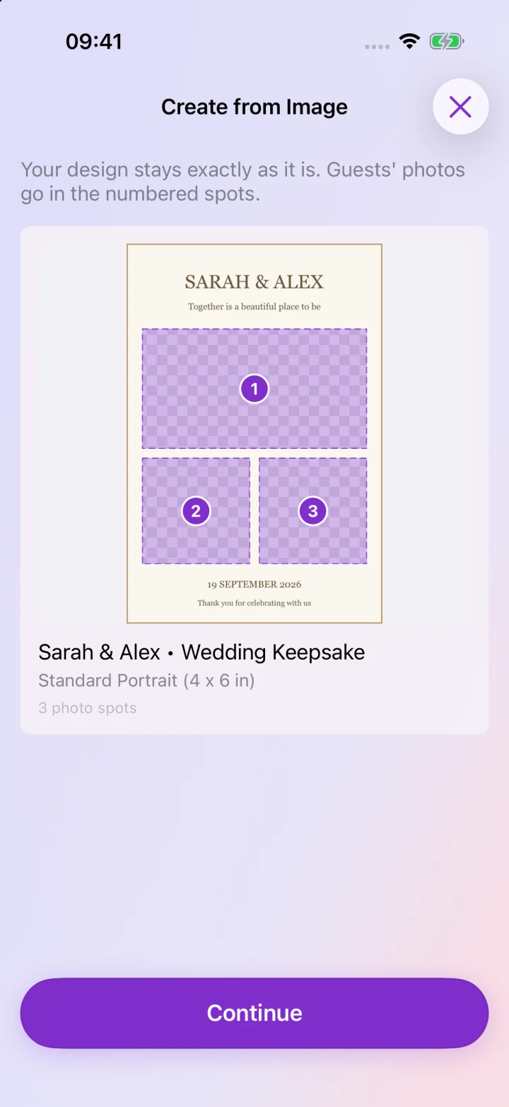 Importing artwork and adjusting a wedding template in the app.