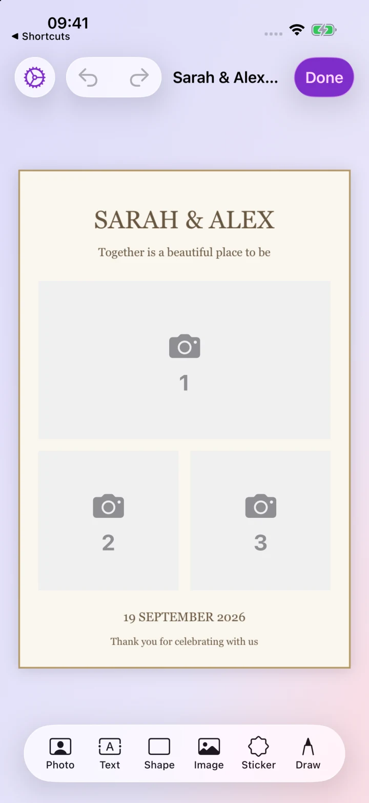 Native template editor with three photo areas in wedding artwork Native template editor with three photo areas in wedding artwork