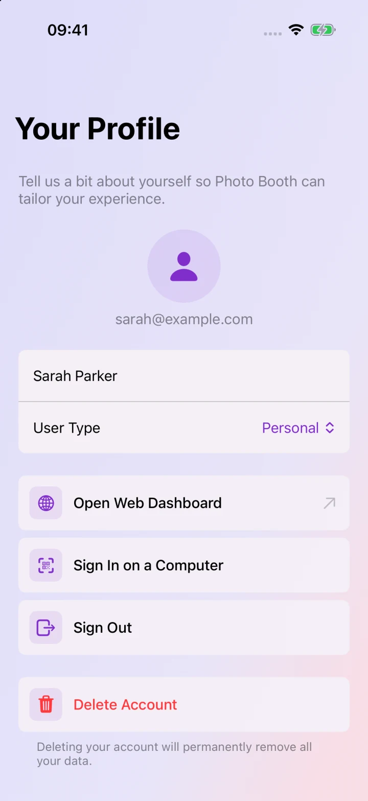 Backup and profile screens in the app.
