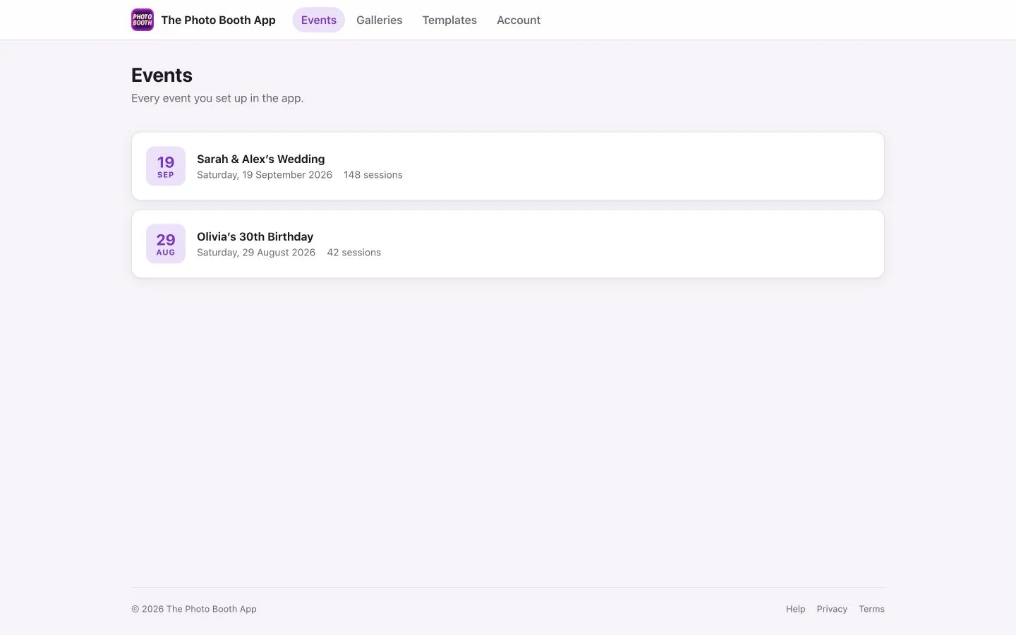 Device gallery and web dashboard with sample events.