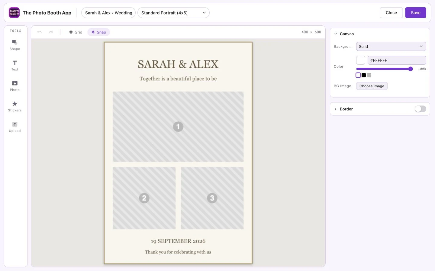 The browser editor with demo wedding artwork and photo positions.