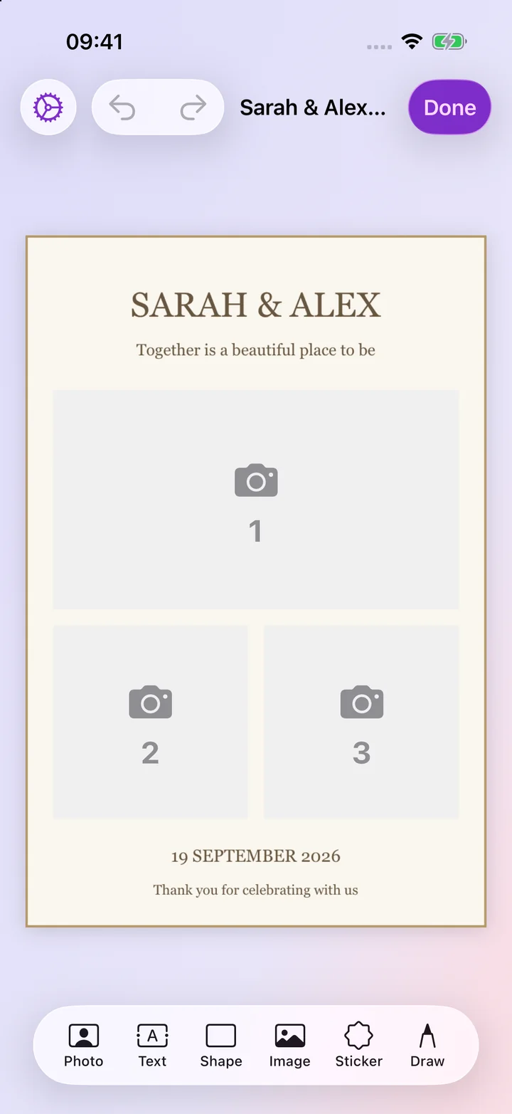 The same wedding template in the iPhone editor