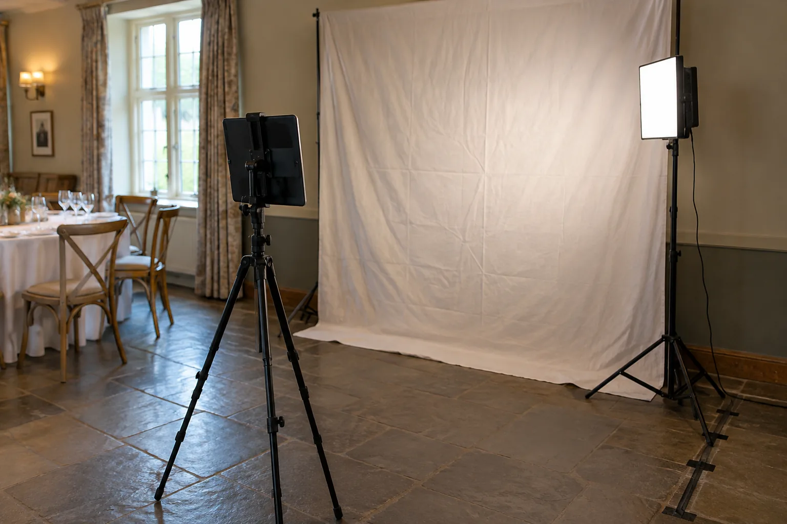 A light and backdrop arranged beside a booth area A light and backdrop arranged beside a booth area