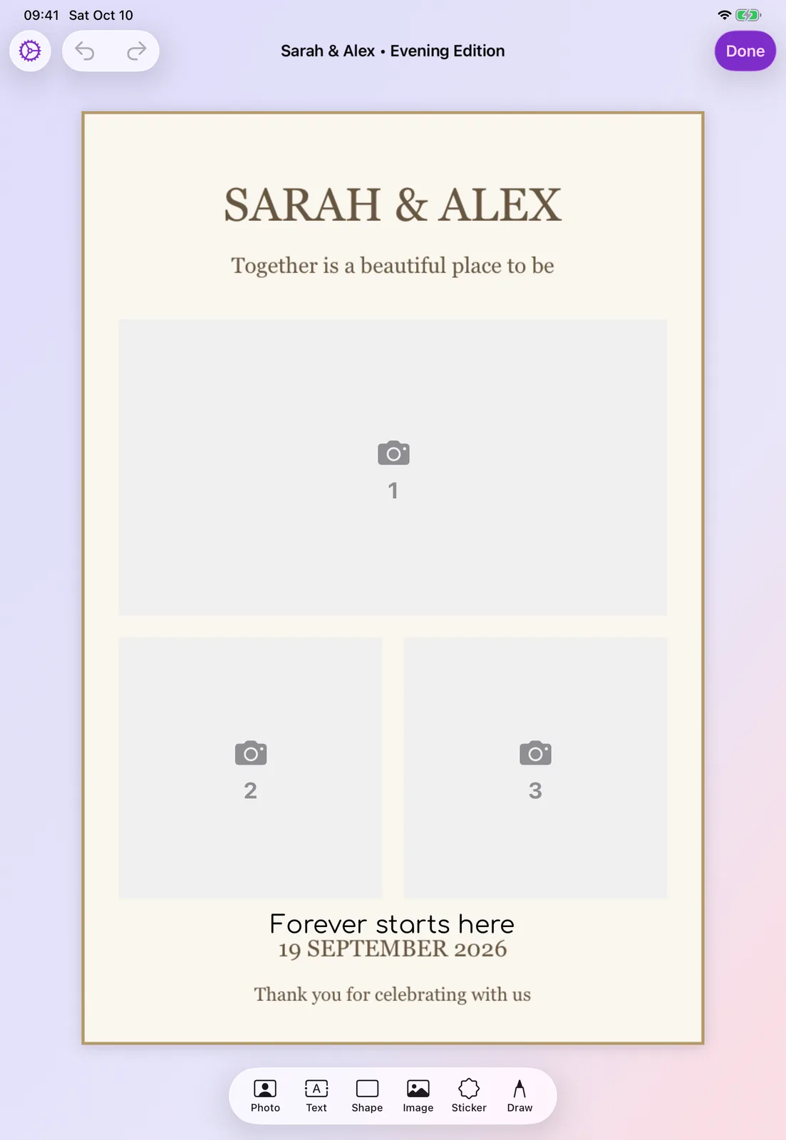 The wedding template in the iPad editor